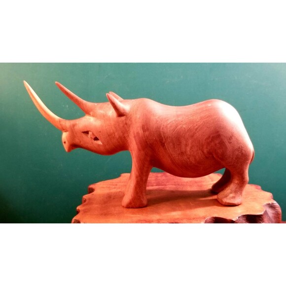 Vintage Rhino Rhinoceros Hand Carved Teak Wood Figurine African Kenya Safari - Picture 2 of 7